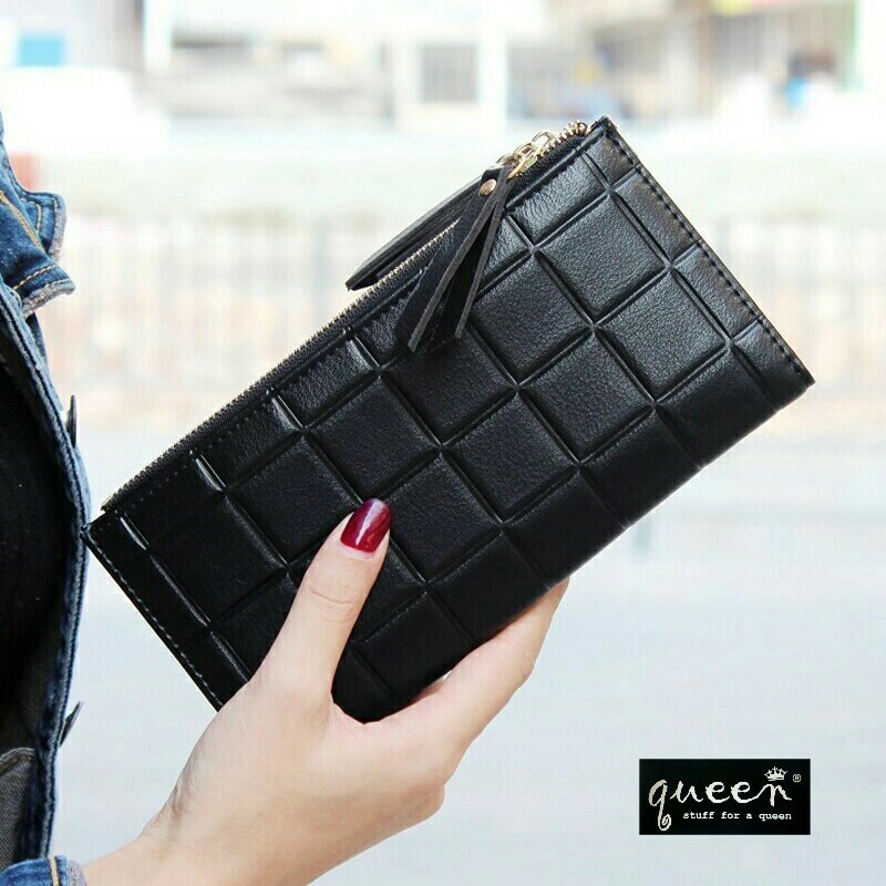 Hot Sale 3.3 Dompet Panjang Kotak Warna Hitam A1 Promo | Dompet Wanita Panjang Berbahan Kulit Dengan Motif Kotak-Kotak