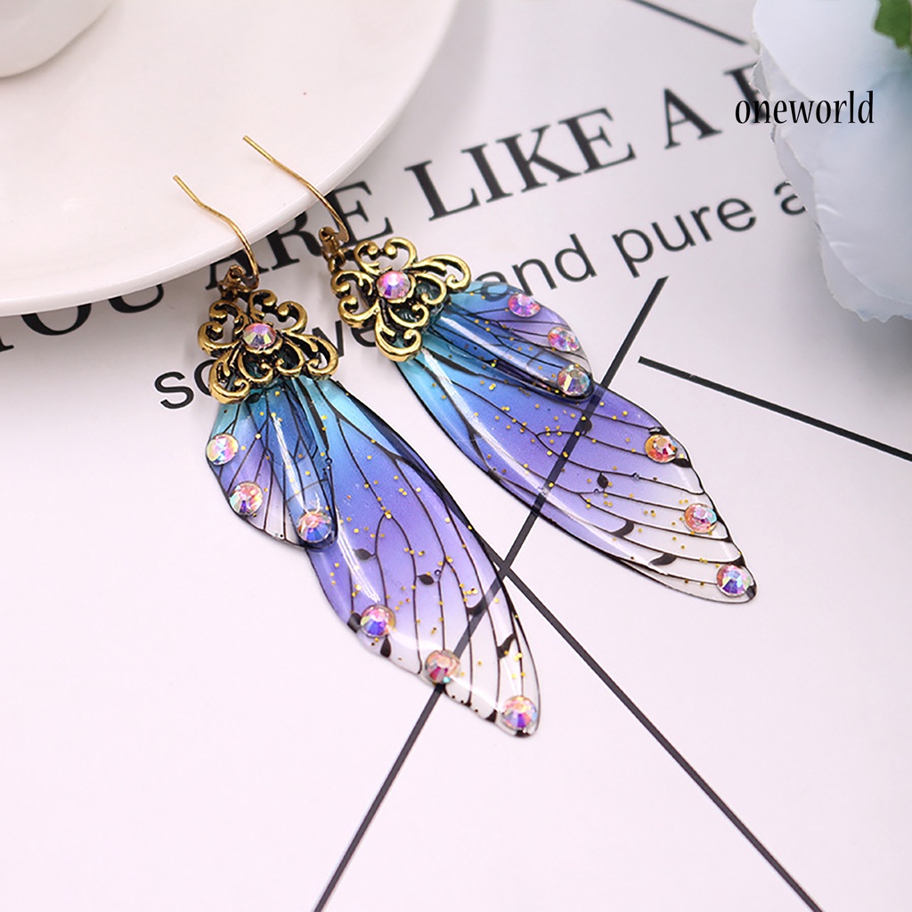 OW# Colorful Butterflies Wing Shape Drop Earrings Women Simulation Rhinestone Dangle Hook Earrings Jewelry Accessory