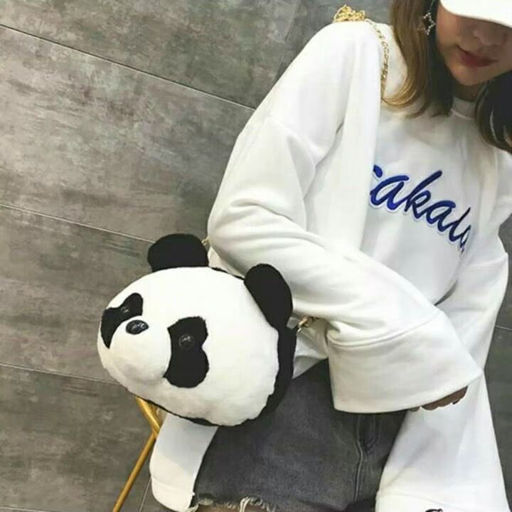 Produce Pandas - Tas Selempang Wanita Bulu Boneka PANDA Hitam Putih Imut Lucu Gemoy Chubby Gemes / Tas Boneka Panda Tali Rantai Bisa COD