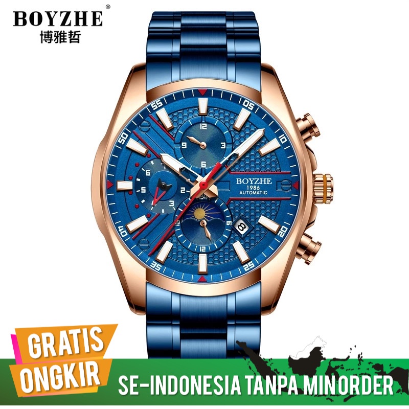 Jam Tangan Pria Mewah Boyzhe Swiss Kerajinan Otomatis Hollow Baja Belt Luminous