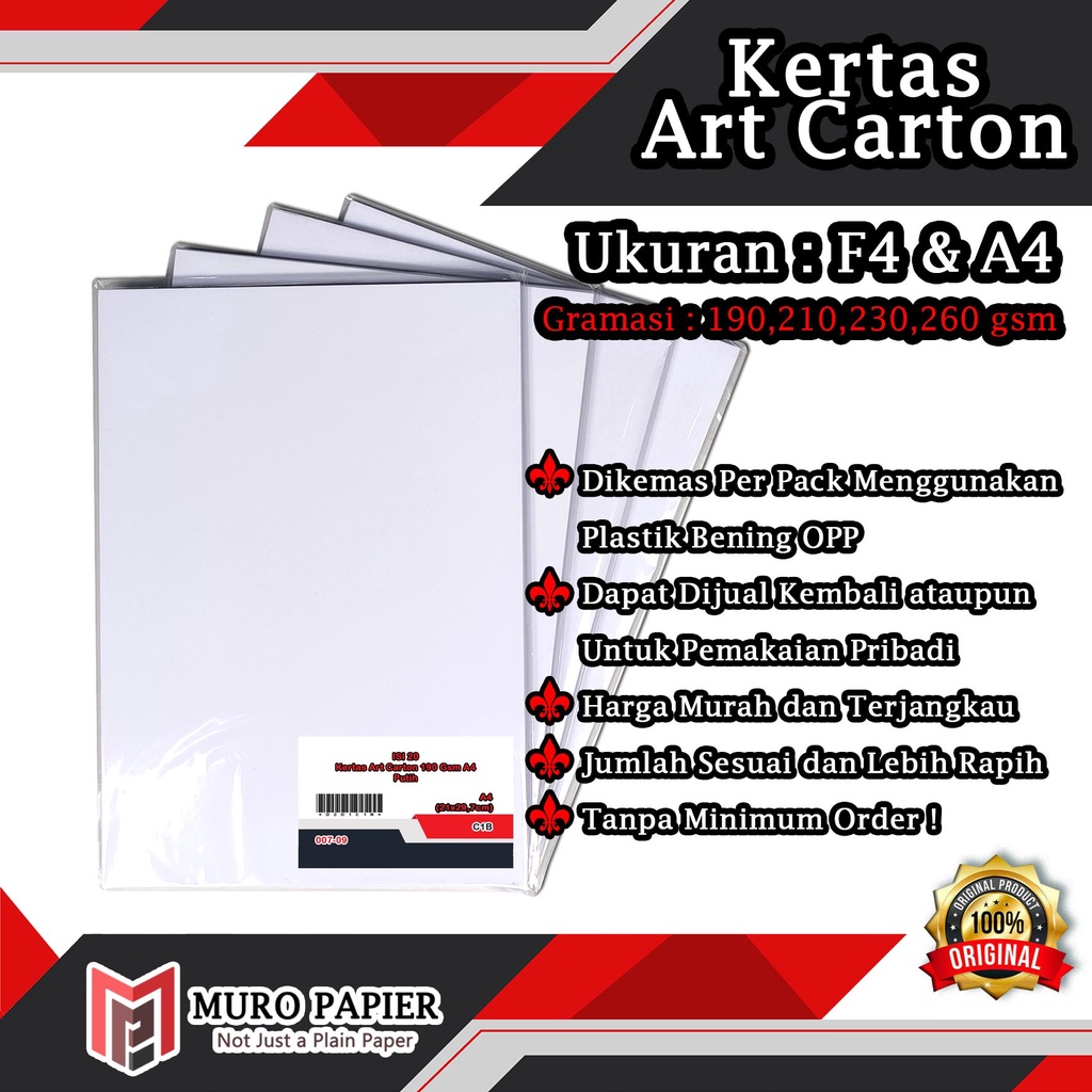 

( PER PAK - ISI 20 ) Karton Art Carton 190 210 230 260 gsm F4 A4 - by Muro Papier