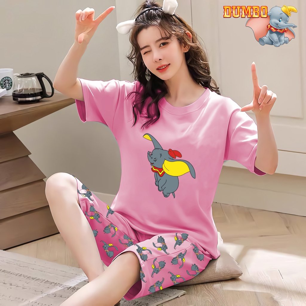 Lilipop.id  Baju Tidur Wanita 3/4 All Size Standar Dumbo Warna Setelan Piyama BabyDoll Kaos Celana Pendek