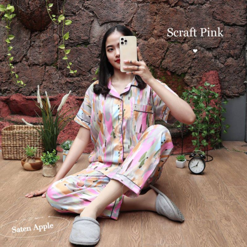 Baju Tidur Piyama Wanita Dewasa Piyama Baju Santai Motif Bunga-Scraft Pink