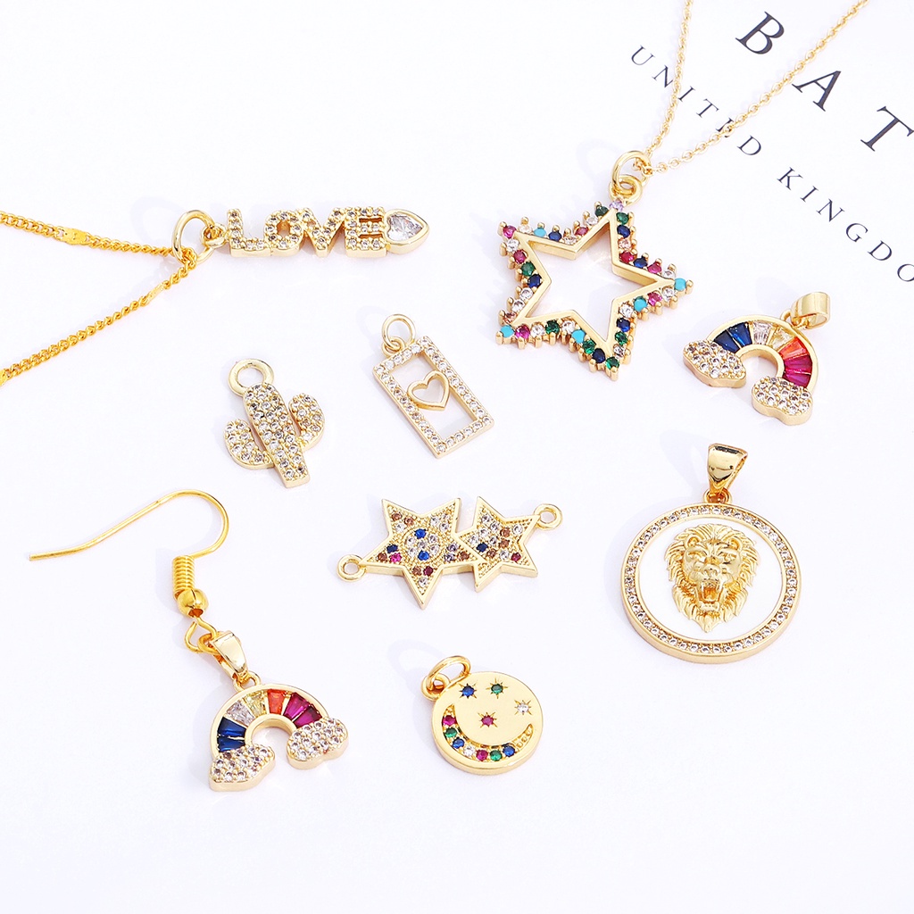 1 PC 7-24 Mm Berlapis Emas Zirkon Kuningan Matahari Bulan Bintang Kaktus Pelangi Pesona Liontin untuk Gelang Kalung Anting-Anting Membuat Perhiasan DIY