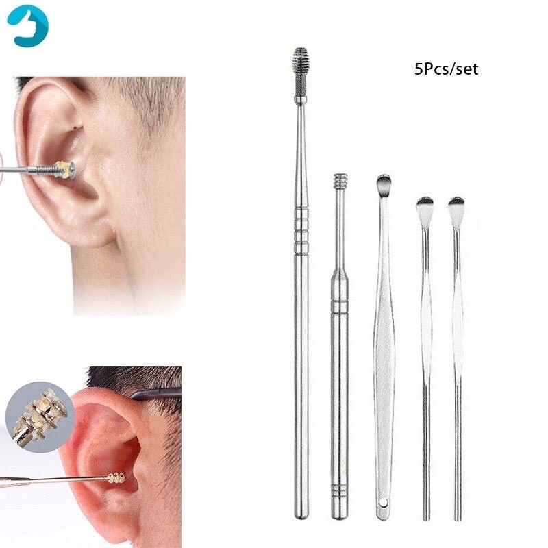 [5 IN1] Alat Pembersih Telinga Stainless 1 Set Korek Kuping Stainless Spiral Lengkap Earpick Kotoran Keras Sedot untuk Dewasa Bayi Balita