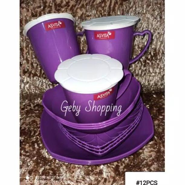 Ready Oke] Asvita Ungu Set 12 Pcs Paket Piring Mangkuk Makan Plastik Gelas 12Pcs