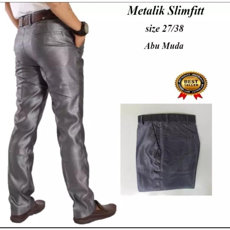 Mickonova Celana Formal Pria Metallic Mengkilat Trend Clana Slim Fit Bahan Import Fashion Pria Mengkilap