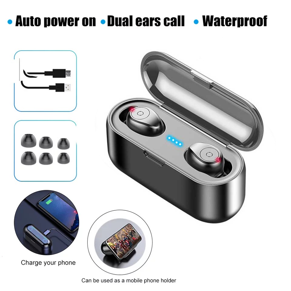 Earphone Nirkabel Bluetooth 5.0 Powerbank Dock 2000mAh Tahan Air