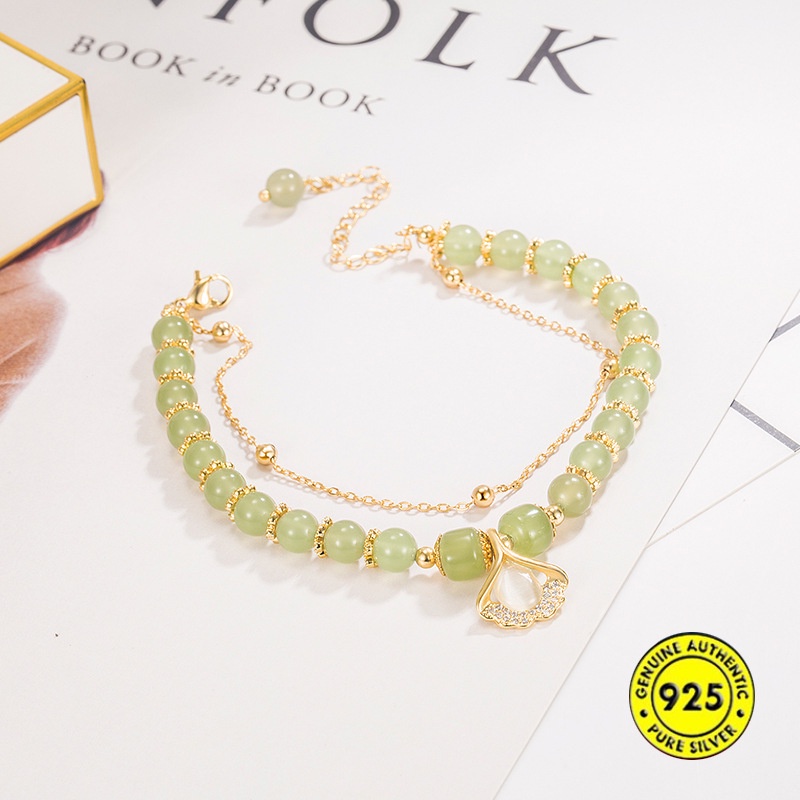 Gelang Tangan Rantai Lapis Emas 18K Aksen Daun Ginkgo Jade Untuk Wanita