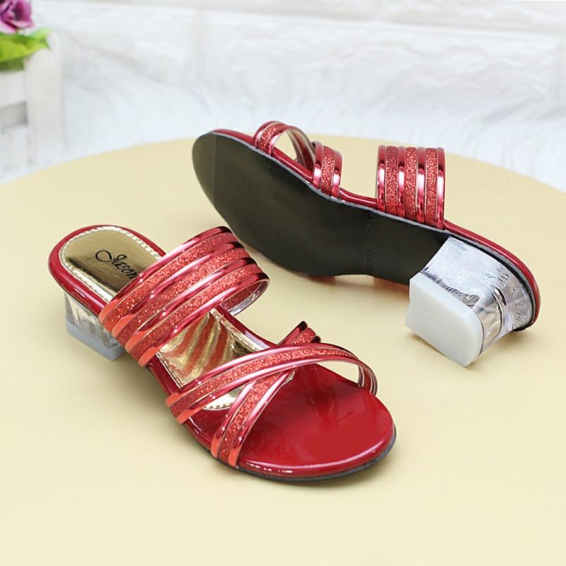 Sandal Hak Kaca Anak Perempuan Glosy Tali Silang Chunky Heels 3 Cm Sendal Sepatu Anak Cewe Murah GLS