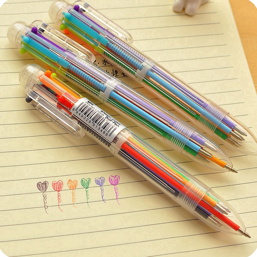 Pulpen 6 In 1 Warna Warni / Biru / Hitam untuk Stationery Sekolah / Kantor