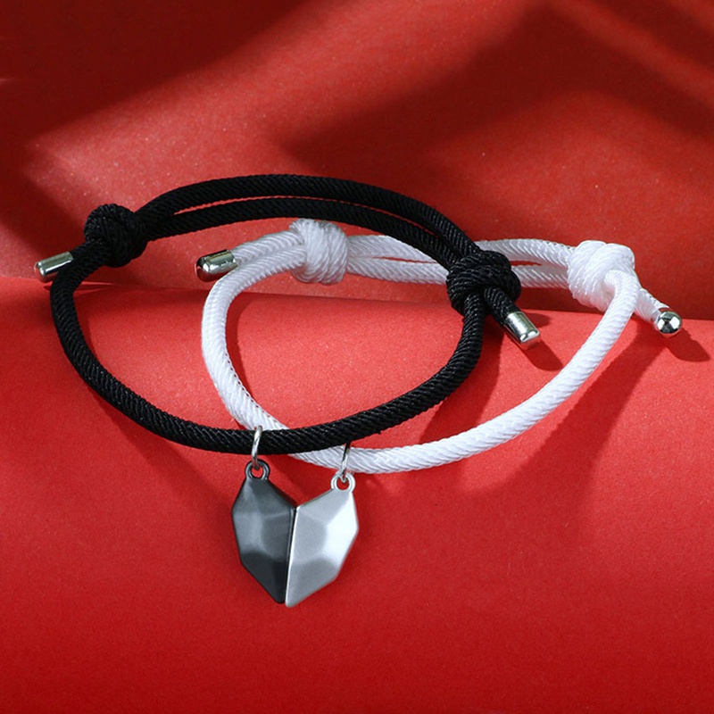 Fancyqube 2pcs / Set Gelang Tali Keberuntungan Magnetik Dapat Disesuaikan Desain Hati Batu Harapan Untuk Pria Dan Wanita