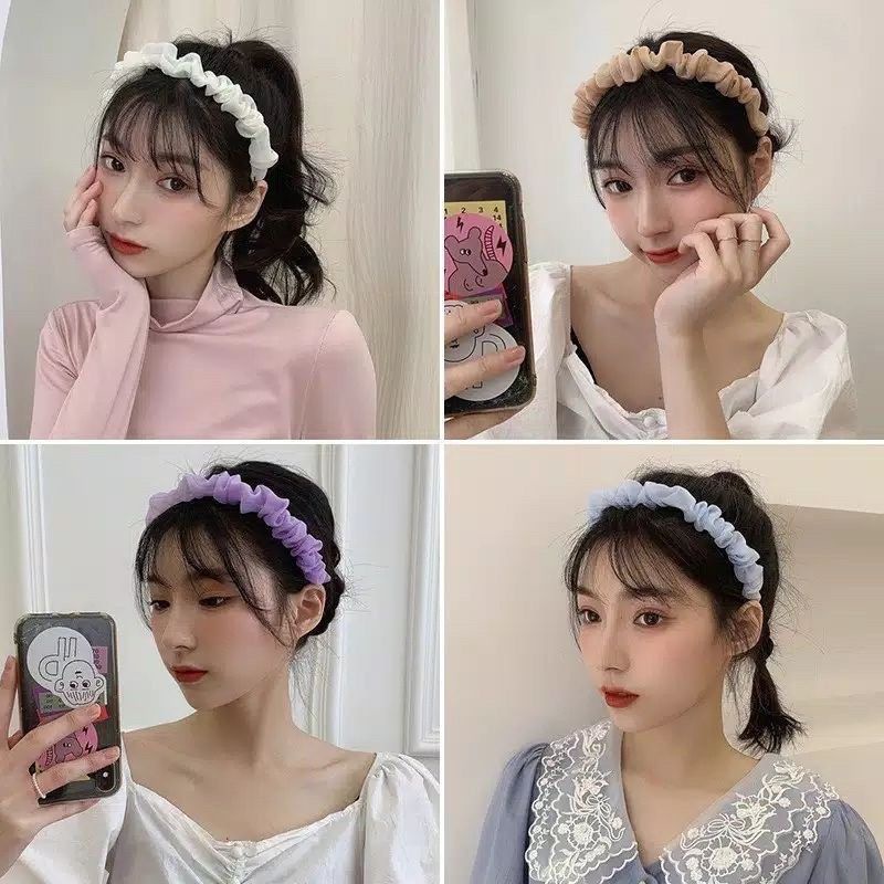 Bando Scrunchie Serut Satin Besar Korea Headband Ruffle Bandana Polos Wanita