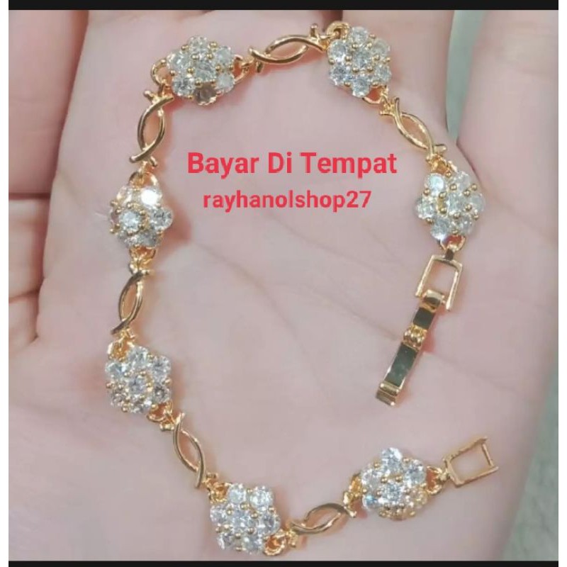 GELANG TANGAN WANITA DEWASA TITANIUM MOTIF KEMBANG CRISTAL PUTIH ANTI PUDAR LAPIS EMAS GOLD