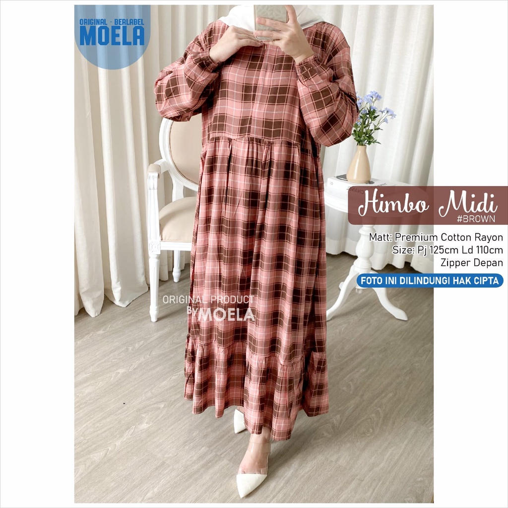 HIMBO dress ORIGINAL MOELA  LD 110cm zipper depan BUSUI friendly premium cotton rayon kotak kotak mi