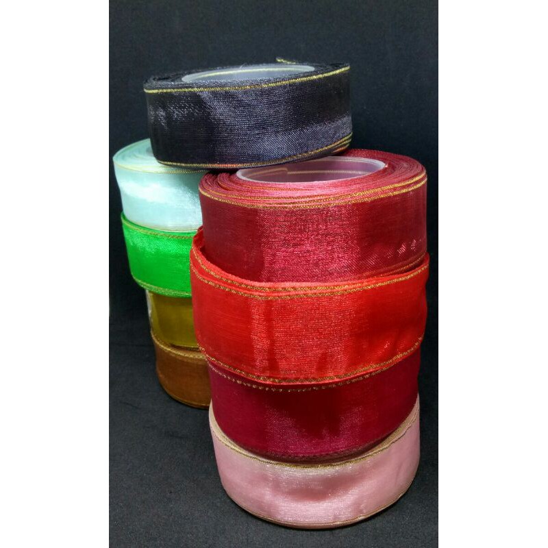 

Pita kain Organdi / Kaca / Organza List Emas lebar 2.5cm (1inchi) aneka warna per roll 20 yard