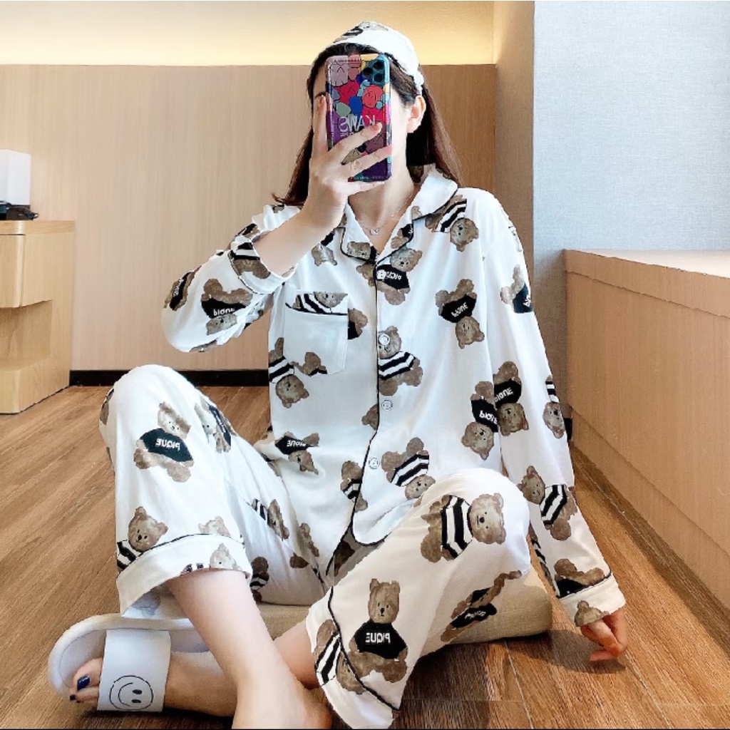 Baju Tidur Wanita Piyama Model Kemeja Lengan Panjang Celana Panjang Motif Kartun BT05