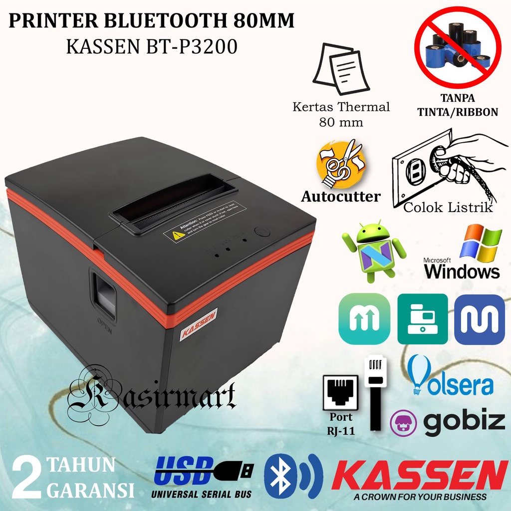 Kassen BTP3200 Printer Bluetooth Thermal 80mm Auto Cut USB Serial Ethernet (USE) LAN BT-P3200 Cetak Struk Kasir Thermal PPOB BTP 3200 Support RJ11 Autocutter