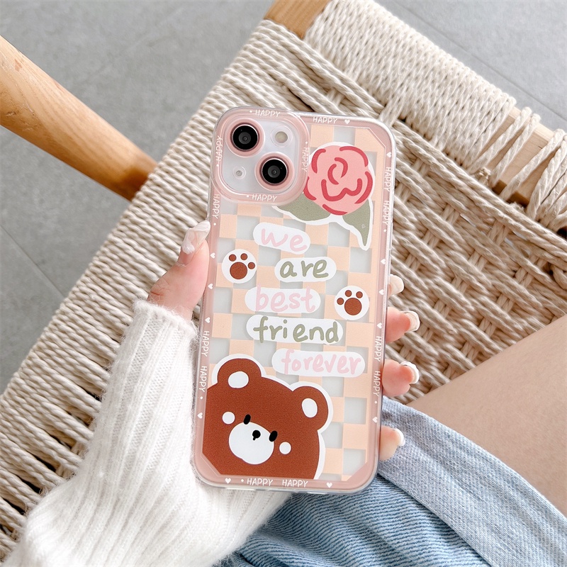 Soft Case Pelindung Lensa Anti Jatuh Motif Kelinci Beruang Kotak-Kotak Untuk iPhone 13 Pro MAX 12 11 X XR XS MAX 7 8 Plus