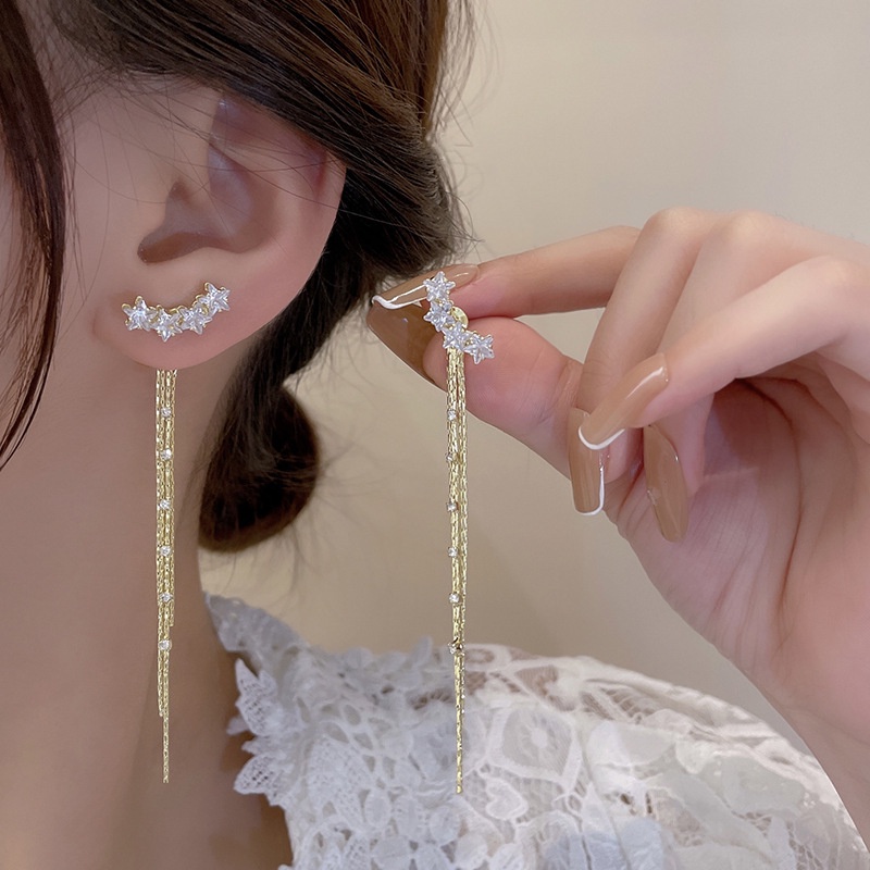 Anting Tusuk Gantung Panjang Bahan Sterling silver 925 Desain Bintang Hias Zircon Gaya Mewah Untuk Wanita