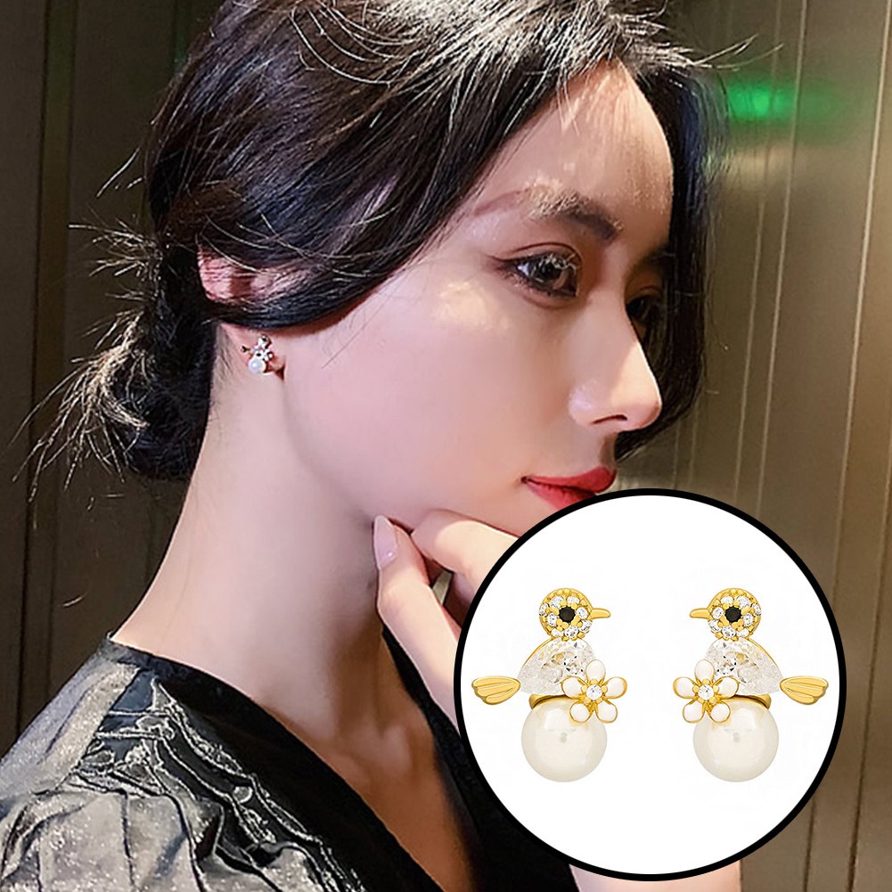 Anting Stud Zircon Bentuk Bunga Burung Aksen Mutiara