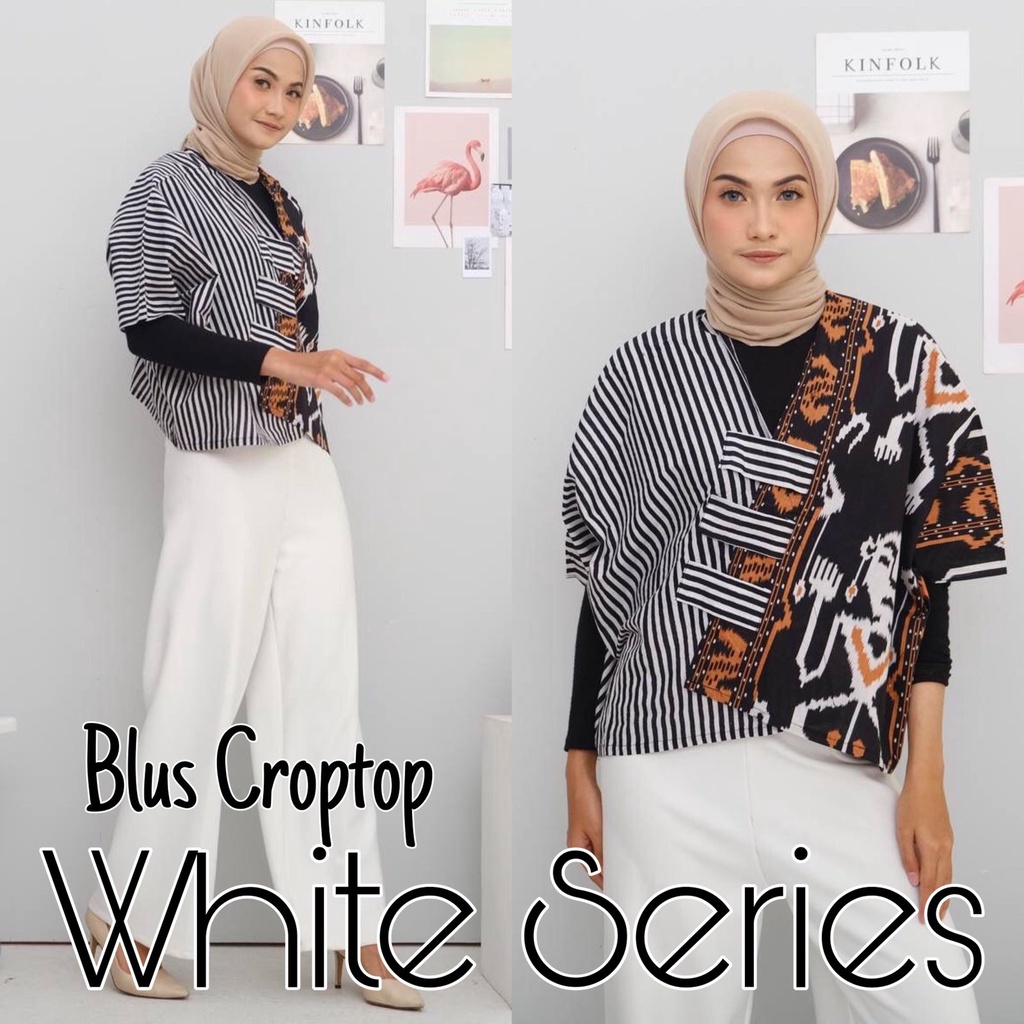 Blus CropTop WHITE SERIES Salur Batik Atasan Tenun Kerja Formal Wanita V-Neck Etnik Model