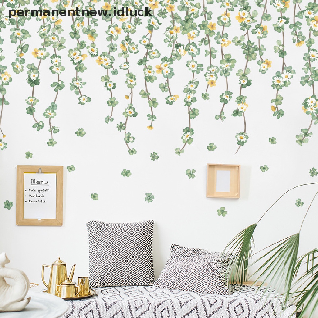 Stiker Dinding Motif Kartun Tanaman Clover Daisy Bahan Vinyl Untuk Dekorasi Ruang Tamu