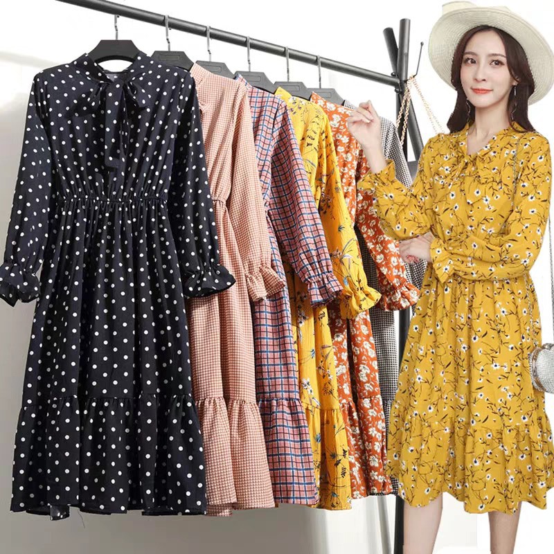 Dress Lengan Panjang Model Slim dengan Kerah & Motif Print Floral, Bahan Sifon | Shopee Indonesia