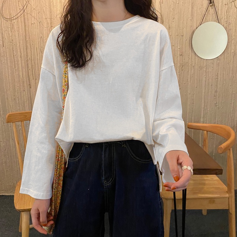 MOOGU ♡ Kaos lengan panjang longgar warna solid atasan wanita tshirt t-shirt top