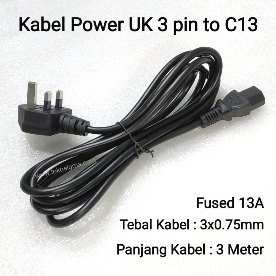 Kabel Power CPU Komputer 3 Mtr UK Kaki 3 pin to C13 Fuse 13A 3x0.75mm