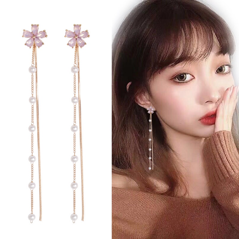 Anting Rumbai Panjang Desain Bunga Aksen Mutiara Berlian Imitasi Bahan 925 Silver Needle Gaya Korea Untuk Wanita