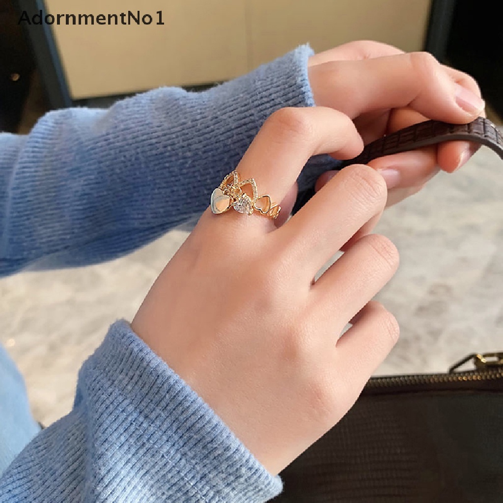 (AdornmentNo1) Cincin Terbuka Adjustable Motif Hati Aksen Zircon Warna Gold Untuk Perhiasan Wanita / Pernikahan