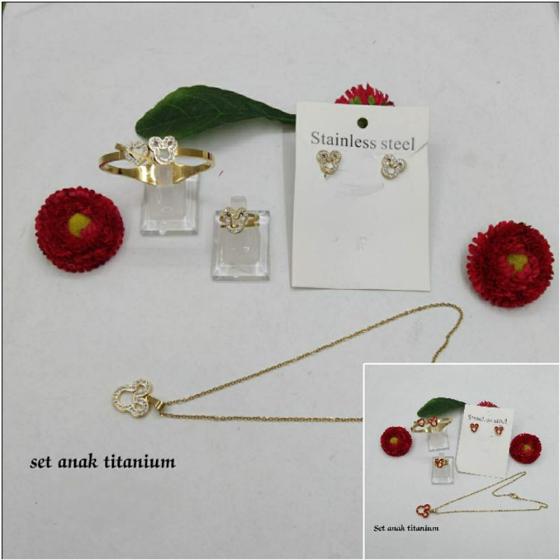 Fourfashion Set Perhiasan Anak Titanium Mickey Permata Kekinian S129