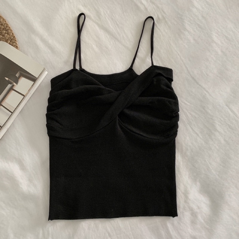 T507 - Knit Tank Top Model Silang / Crop Top Tali Spaghetti / T507-T507 Hitam