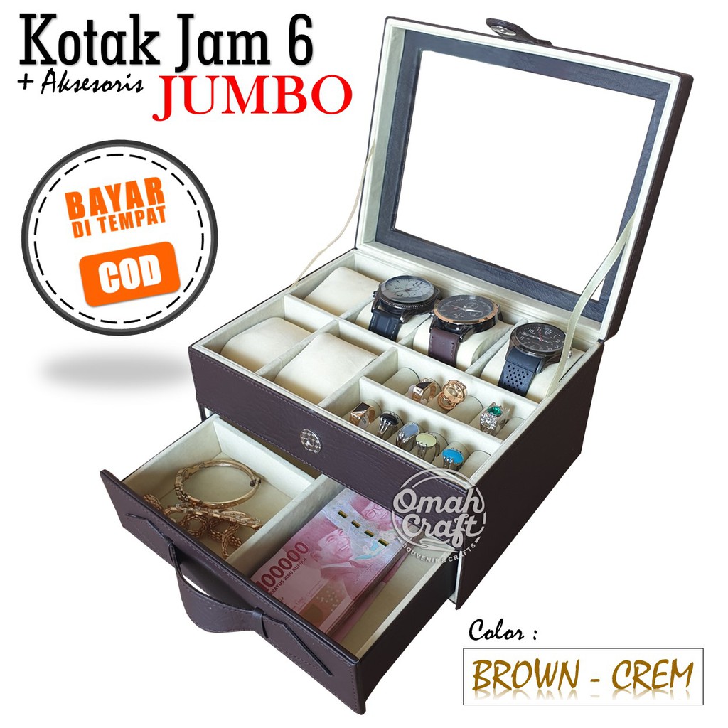 LARGE SIZE - Tempat Jam Tangan isi 6 JUMBO + Perhiasan Emas / Kotak Jam Tangan Warna COKELAT CREM