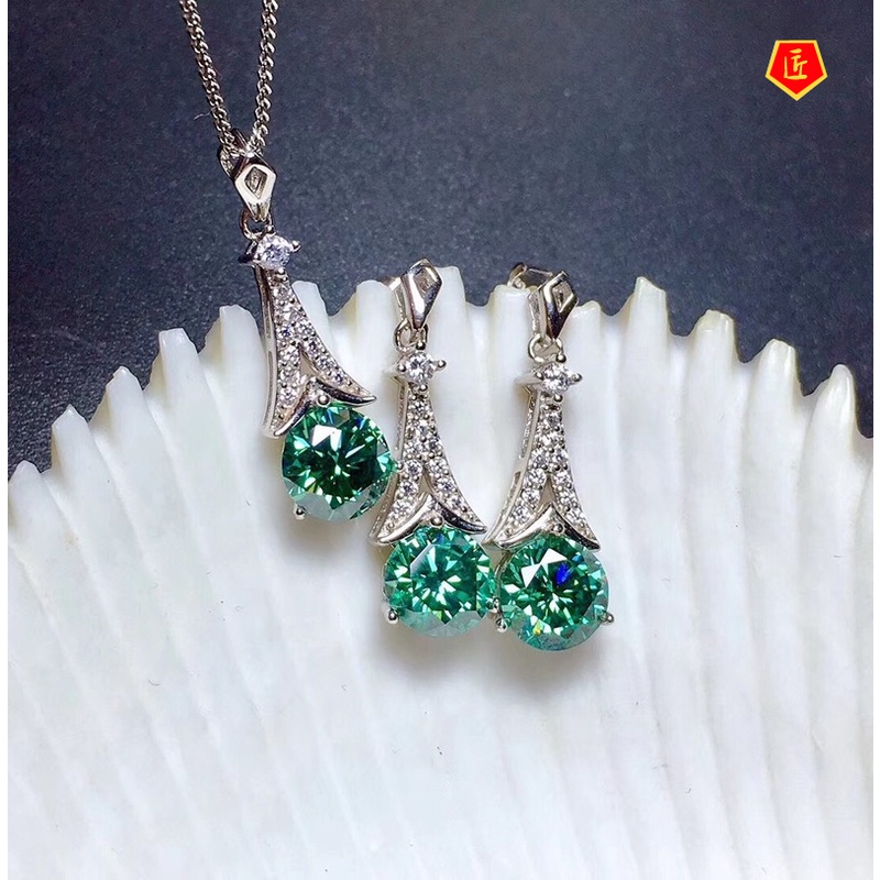 [Ready Stock]Full Diamond Green Moissanite Necklace Set Ear Studs