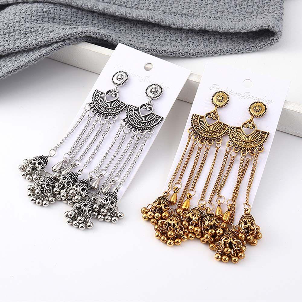 NEEDWAY Needway Giwang Anting Rumbai Panjang Elegan Vintage Lonceng Gipsi Hadiah Wanita India Jhumka Drop Earrings