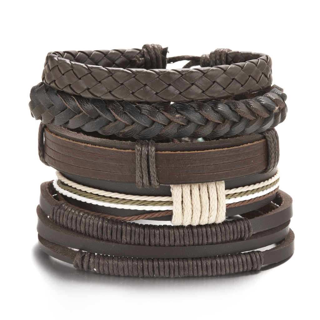 Men's Multilayer Braided Bracelet Feather Dot Cross Wrap Bracelet Leather Combination Bracelet Set