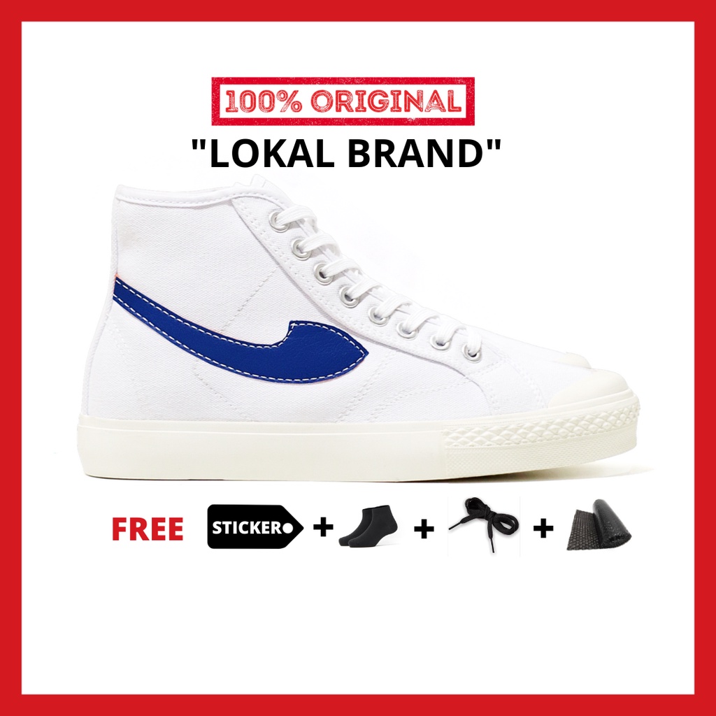 ORIGINAL - Sepatu Brand Lokal Kasual Pria Wanita No Brand White Blue Hi Not Sneakers Compass Gazelle Putih Biru Tinggi