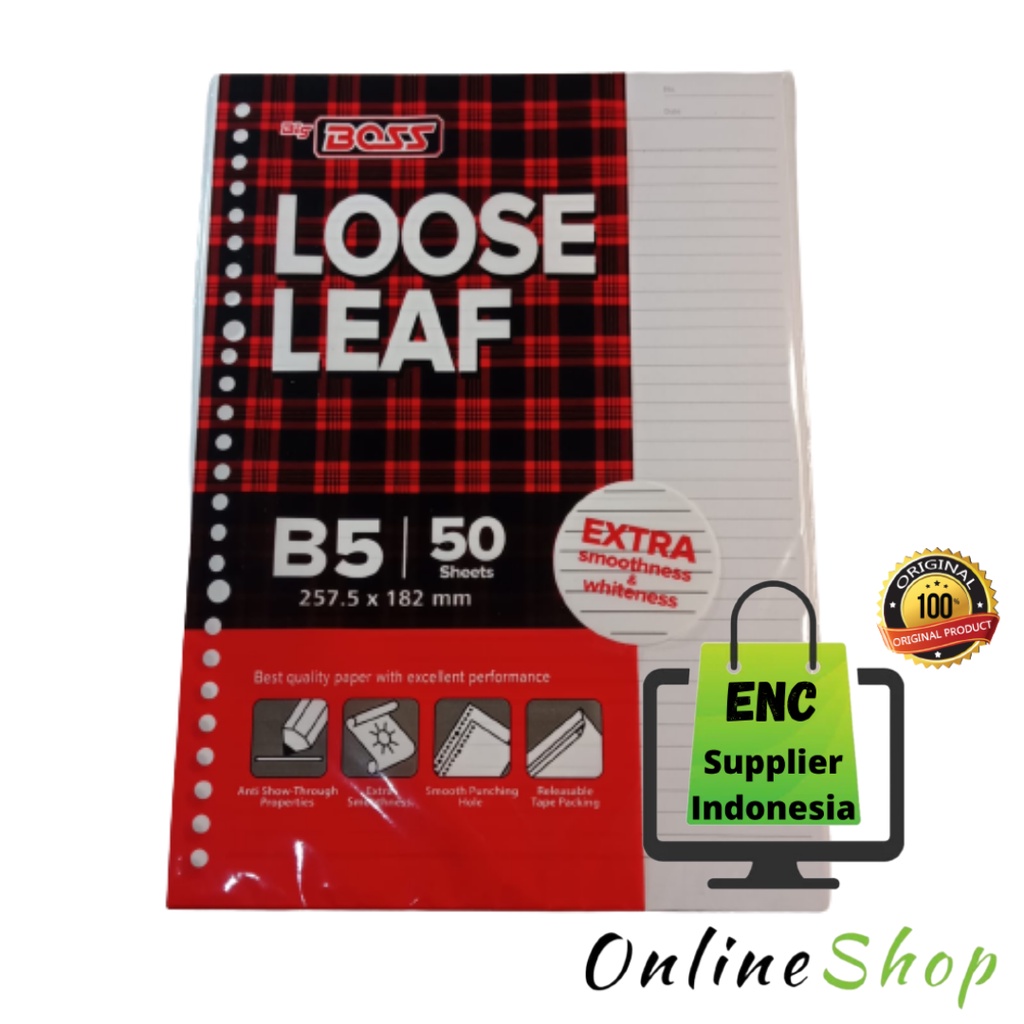 

BIGBOSS 50 lembar kertas loose leaf B5 50s sheet big boss isi binder file putih garis looseleaf 182 x 257 mm per pak - enc.sup