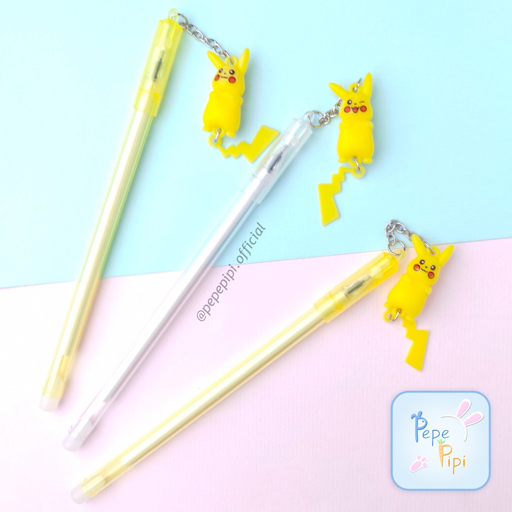 4 &amp; 12 pcs Pena Gantungan Pikachu Bolpen Pen Pulpen Gelpen Karakter Murah Lucu Selusin Pikacu