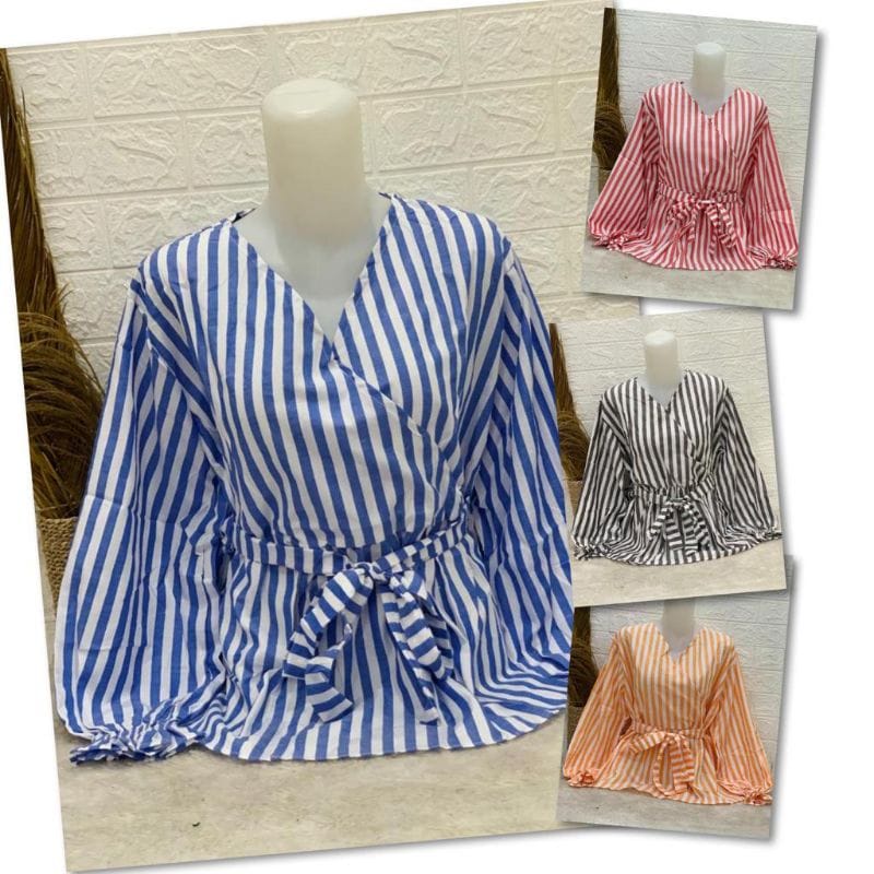 Blouse Kimono Salur Lengan Balon Atasan Blouse Kimono Tali Pinggang Tangan Balon