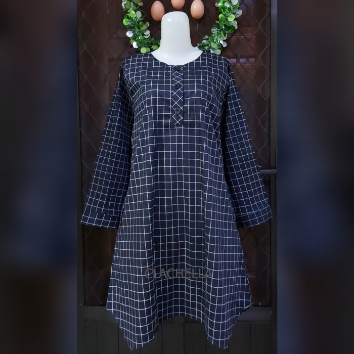 Tunik Clachella Baju Motif KotakKotak Baju Atasan Wanita T51V8079 Hitam All Size B9K8 Terlaris Awet 