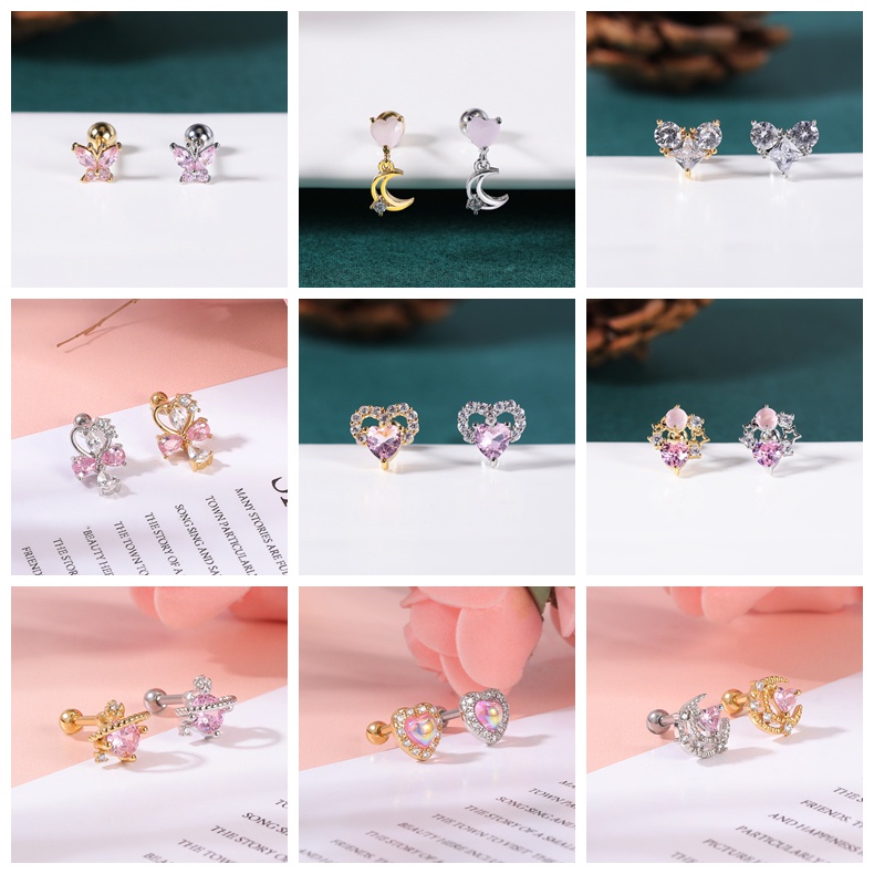 1-3 Pcs Anting Stud Kristal Bahan Stainless Steel Untuk Tulang Rawan