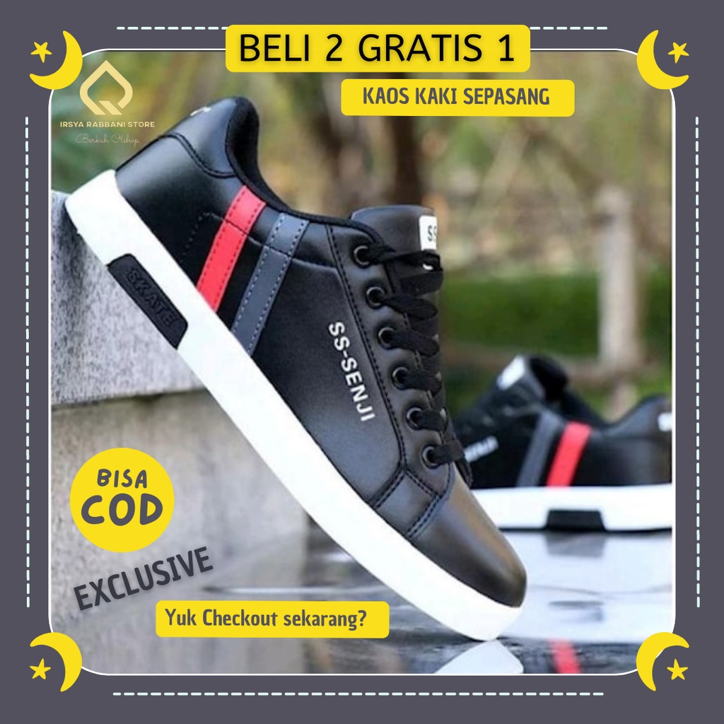 Sepatu sneakers pria Anak Remaja Dewasa Model IRS-875 Terbaru Warna Hitam Putih Lis Biru Sepatu Jala