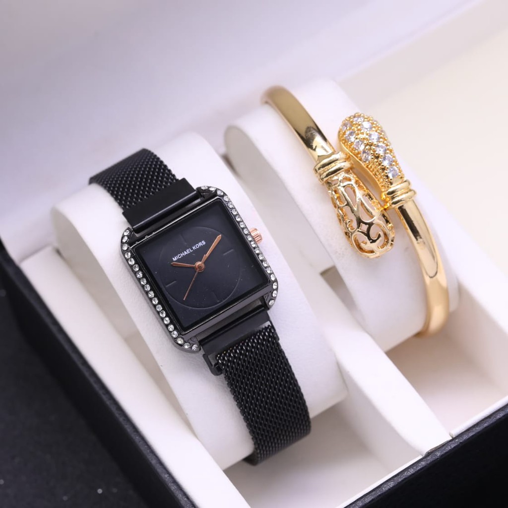 NEW FREE GELANG MEWAH JAM TANGAN MK WANITA TALI RANTAI PASIR MAGNET MODEL KOTAK
