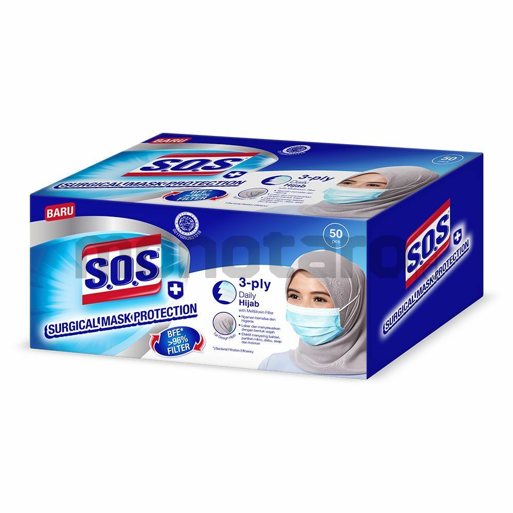 Masker SOS Box Isi 50 Surgical Mask 3 Ply Earloop / Headloop (Hijab) Medis Medical Mask Original S.O.S Masker Box Isi 50 Masker