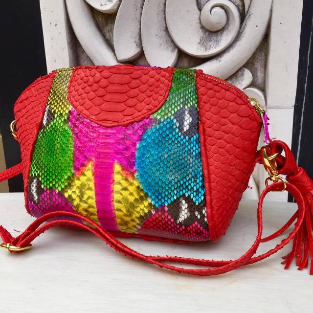 Tas Kulit Ular Model Pepita Size S Full Piton - Tas Pesta Multi Red Color
