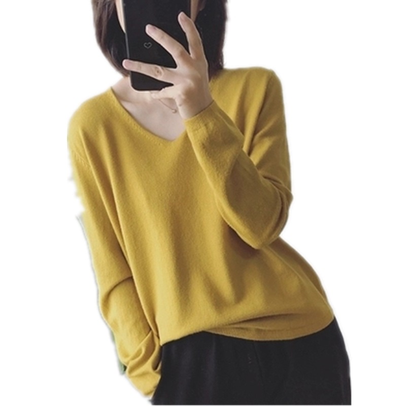 Wanita v-neck sweater mahasiswi versi Korea longgar bottoming kemeja warna solid lengan panjang pull