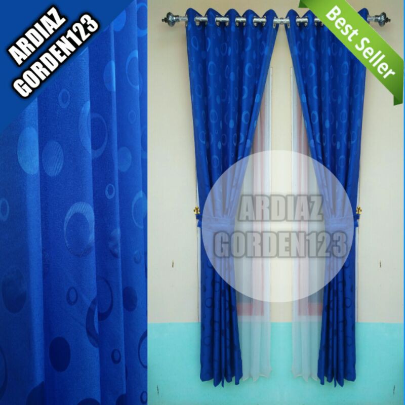 Gorden jendela minimalis motif fulkadot warna biru tua